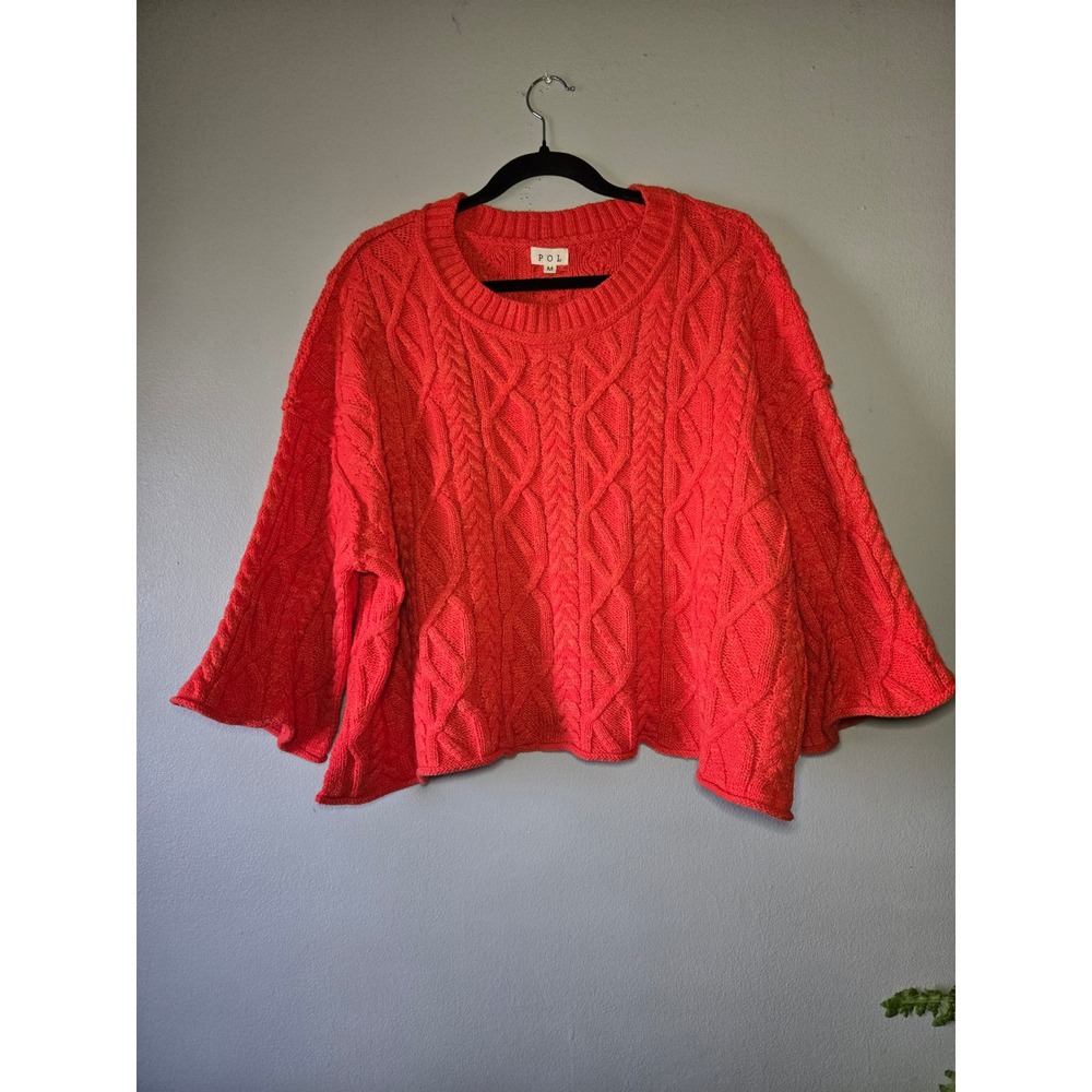 POL Boutique Orange Cable Knit Cropped Sweater Bell Sleeve Chunky Knit Medium